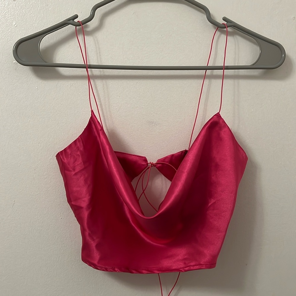 PrettyLittleThing Hot Pink Satin Spaghetti Strap Cowl Neck Crop Top